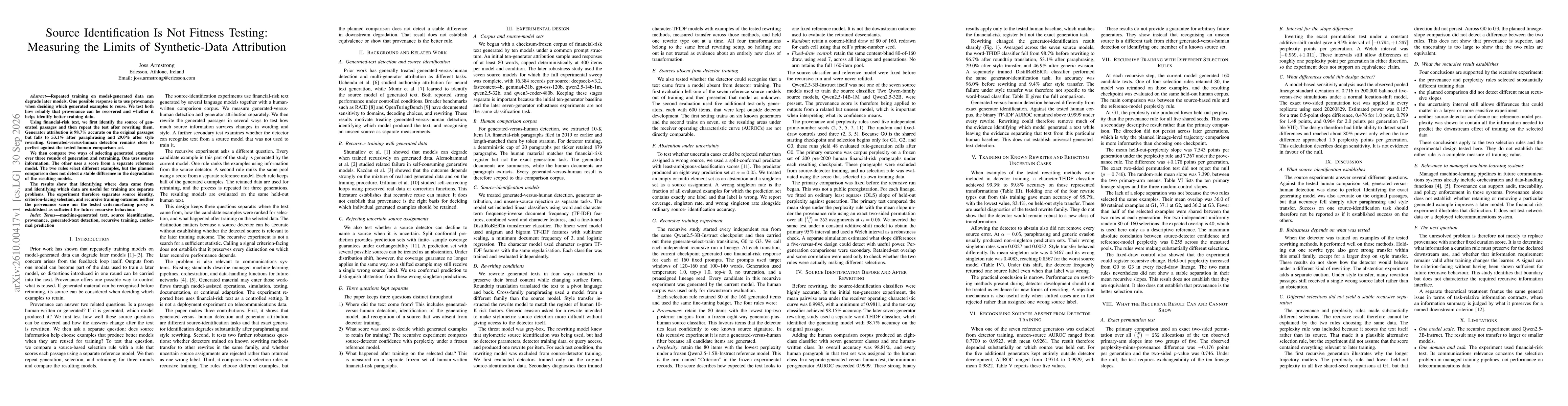 Thumbnail for Source Identification Is Not Fitness Testing: Measuring the Limits of Synthetic-Data Attribution
