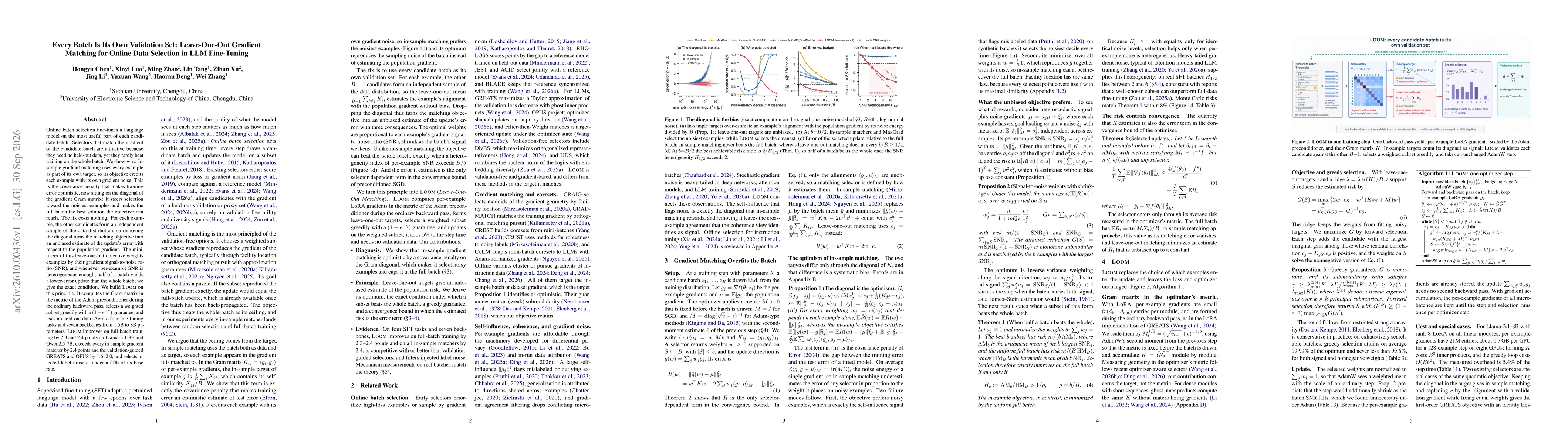 Thumbnail for Every Batch Is Its Own Validation Set: Leave-One-Out Gradient Matching for Online Data Selection in LLM Fine-Tuning