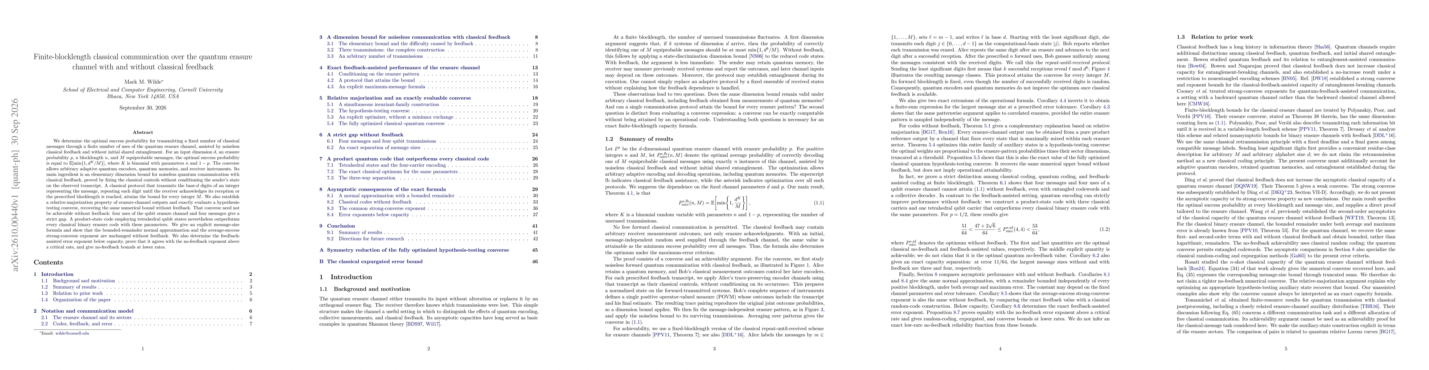 Thumbnail for Finite-blocklength classical communication over the quantum erasure channel with and without classical feedback
