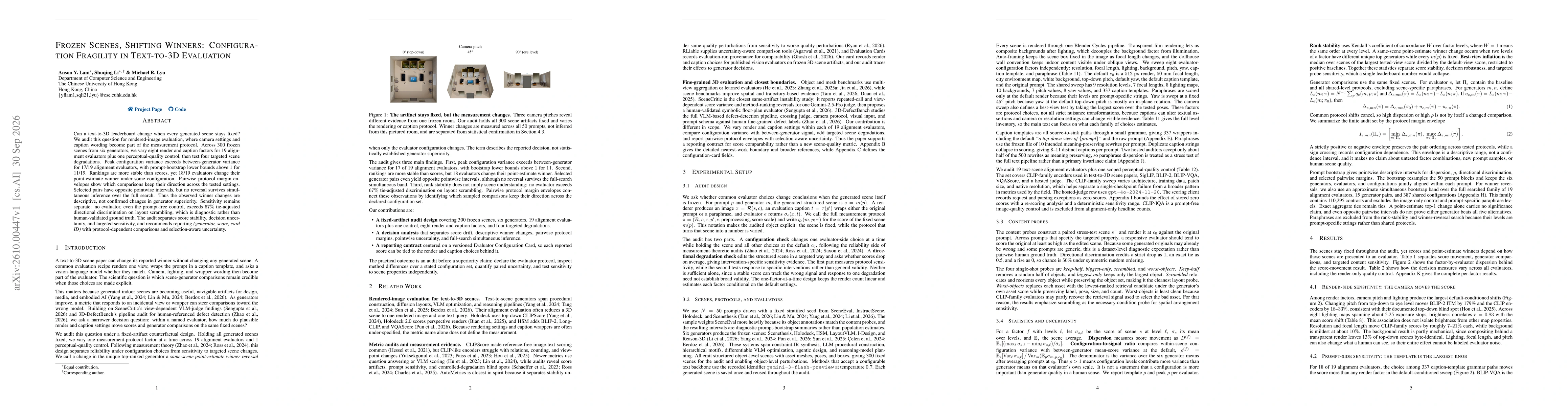 Thumbnail for Frozen Scenes, Shifting Winners: Configuration Fragility in Text-to-3D Evaluation