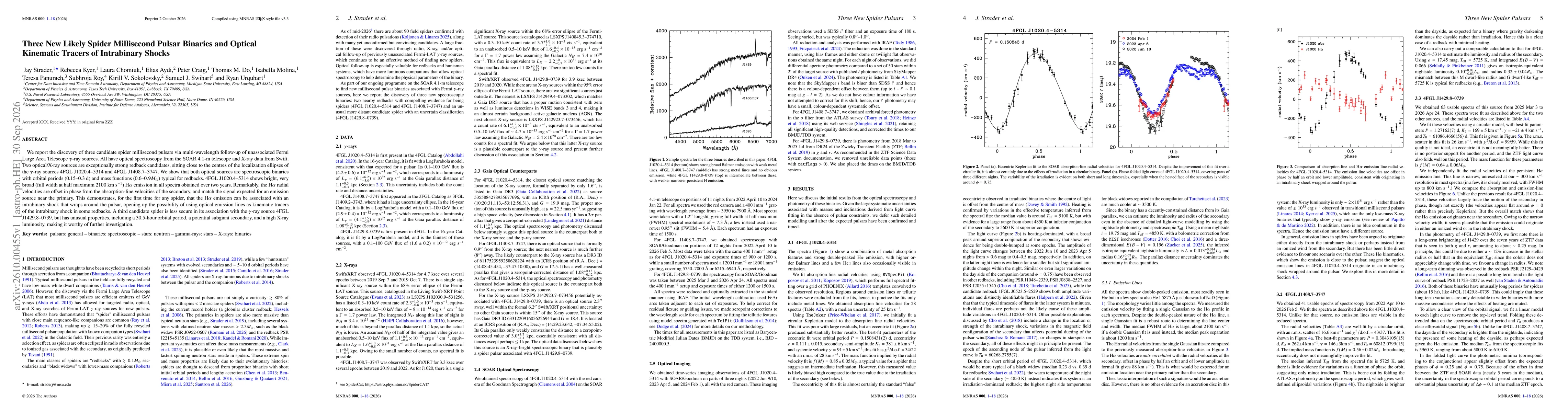 Thumbnail for Three New Likely Spider Millisecond Pulsar Binaries and Optical Kinematic Tracers of Intrabinary Shocks