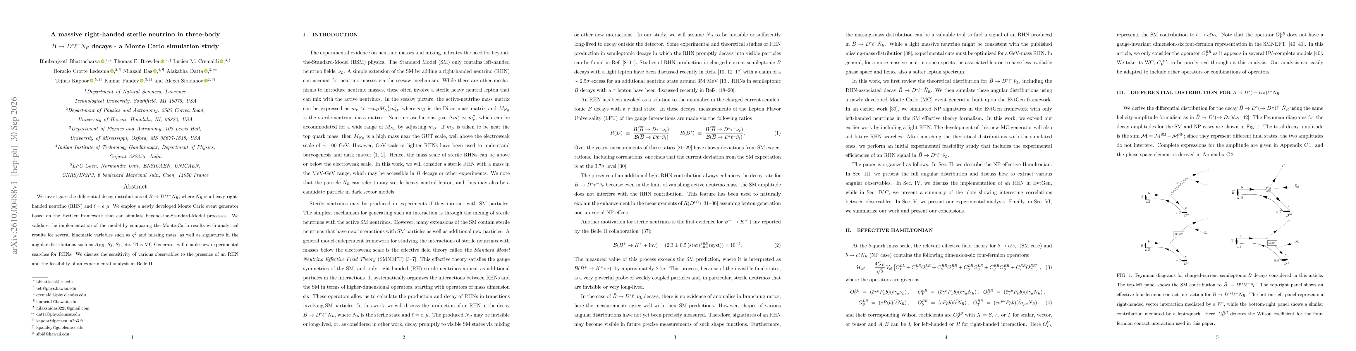 Thumbnail for A massive right-handed sterile neutrino in three-body ${\bar B}\to D^*\ell^-{\bar N}_R$ decays - a Monte Carlo simulation study