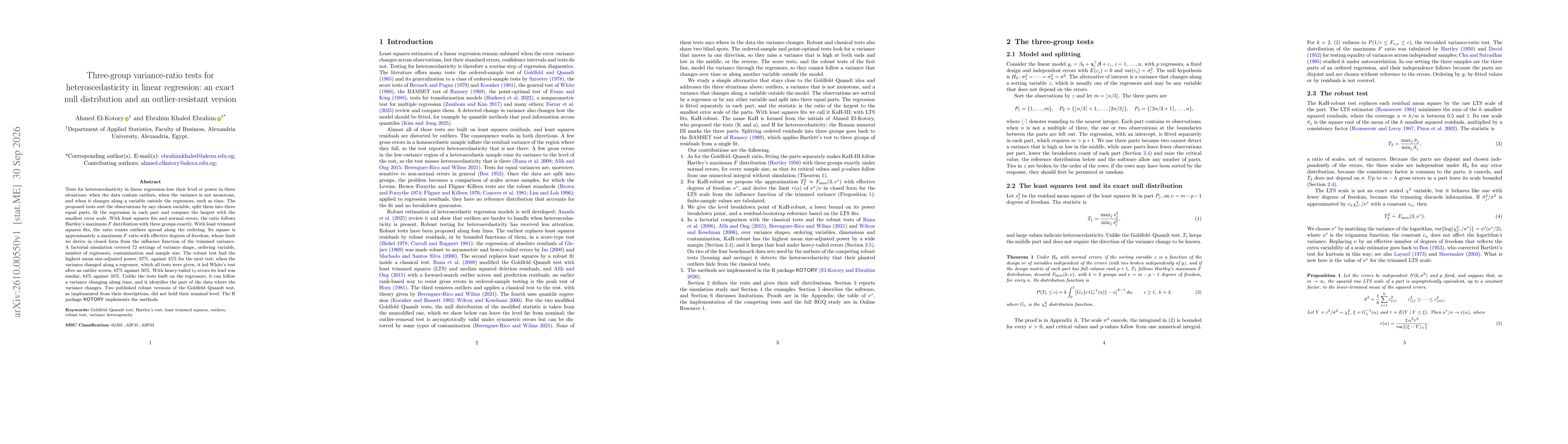 Thumbnail for Three-group variance-ratio tests for heteroscedasticity in linear regression: an exact null distribution and an outlier-resistant version