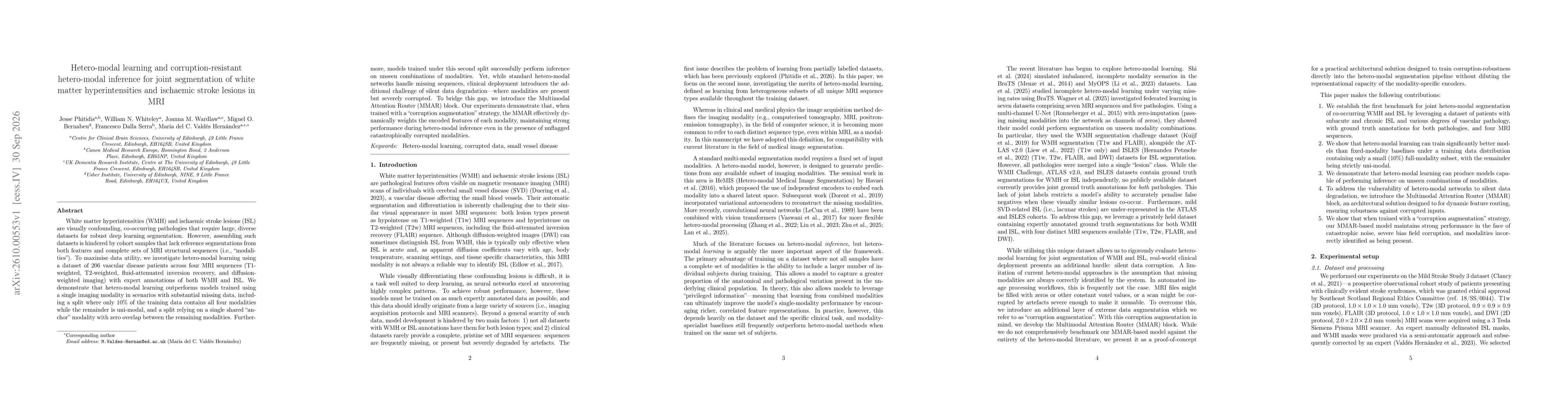 Thumbnail for Hetero-modal learning and corruption-resistant hetero-modal inference for joint segmentation of white matter hyperintensities and ischaemic stroke lesions in MRI