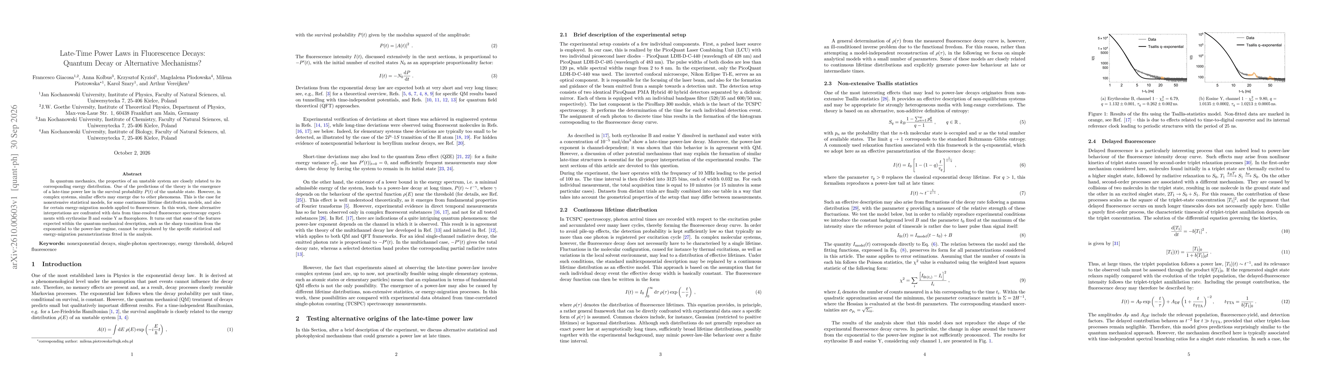 Thumbnail for Late-Time Power Laws in Fluorescence Decays: Quantum Decay or Alternative Mechanisms?
