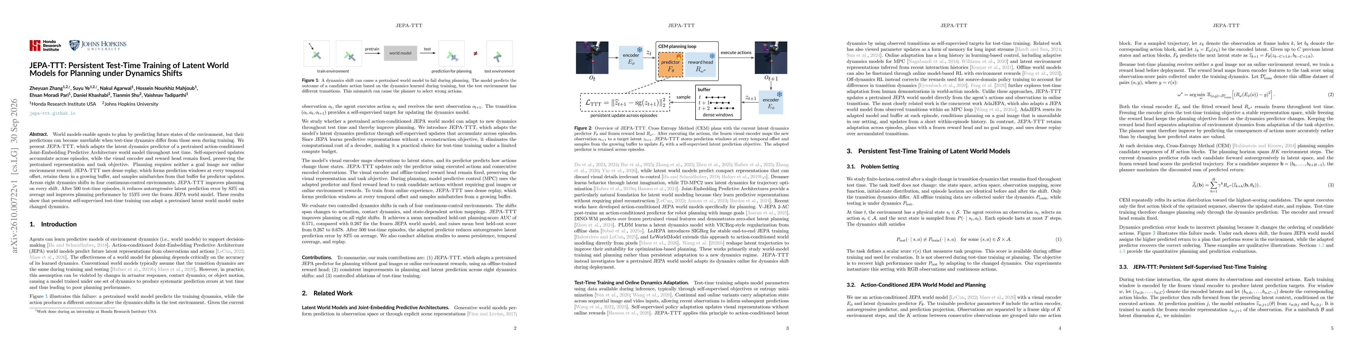 Thumbnail for JEPA-TTT: Persistent Test-Time Training of Latent World Models for Planning under Dynamics Shifts