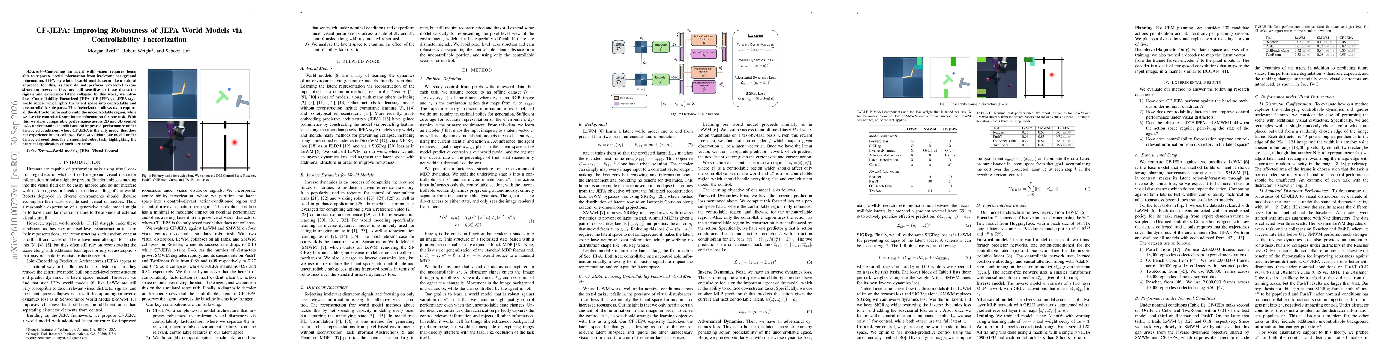 Thumbnail for CF-JEPA: Improving Robustness of JEPA World Models via Controllability Factorization