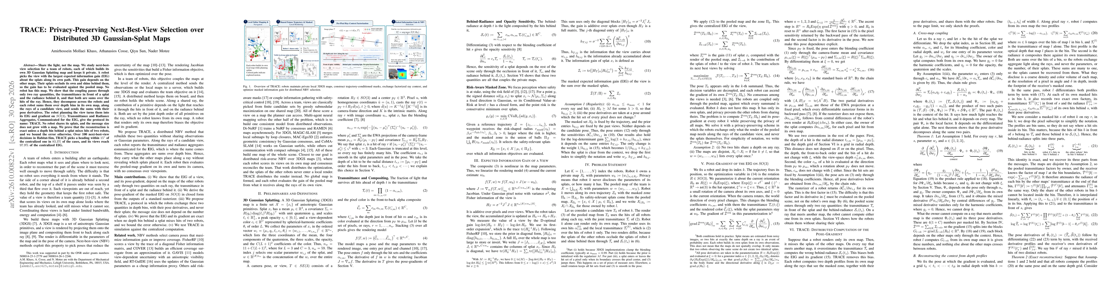 Thumbnail for TRACE: Privacy-Preserving Next-Best-View Selection over Distributed 3D Gaussian-Splat Maps