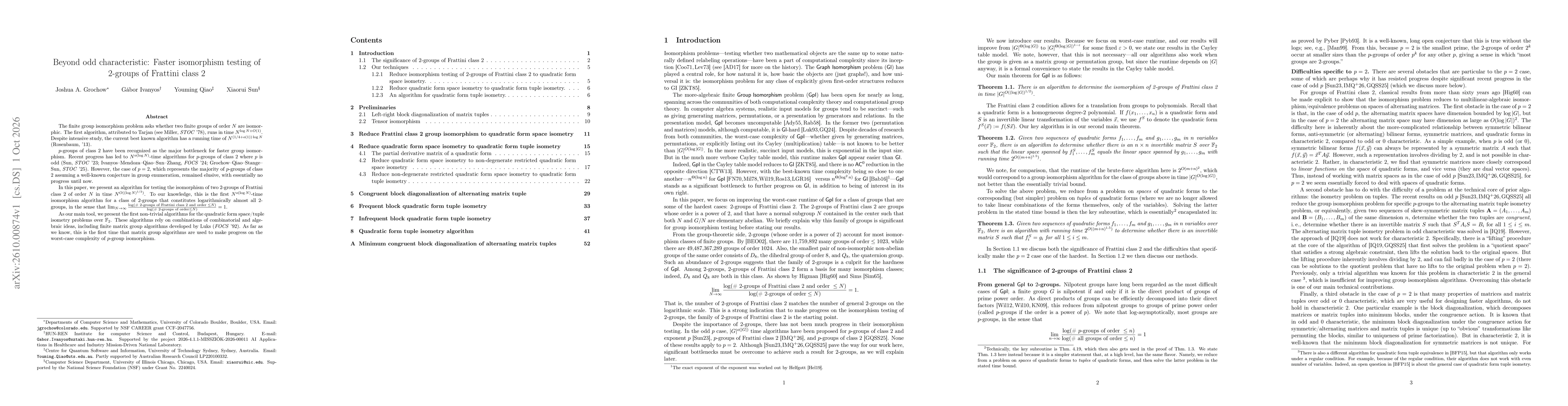 Thumbnail for Beyond odd characteristic: Faster isomorphism testing of 2-groups of Frattini class 2