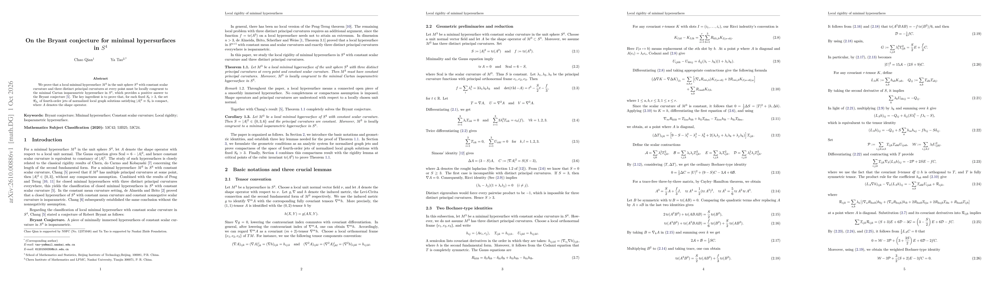 Thumbnail for On the Bryant conjecture for minimal hypersurfaces in $S^4$