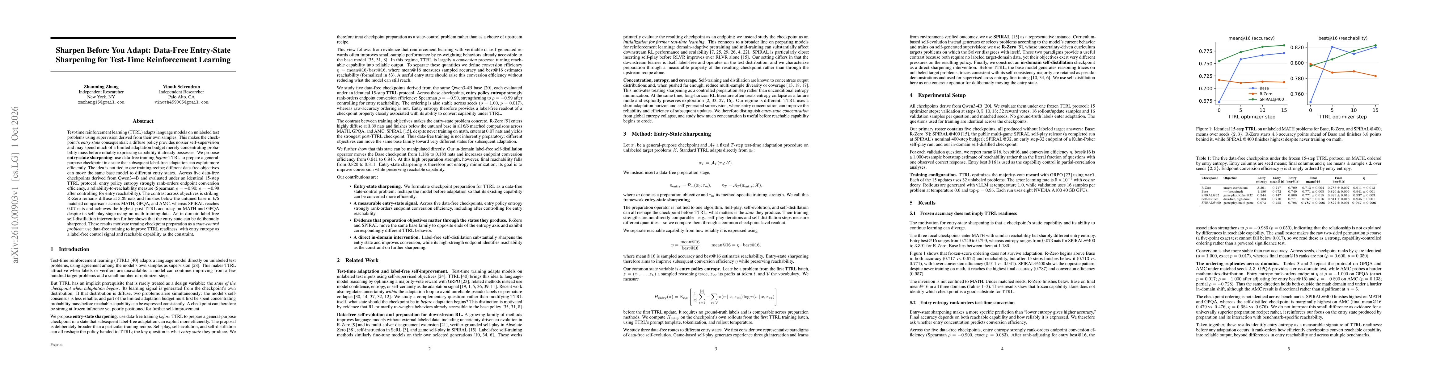 Thumbnail for Sharpen Before You Adapt: Data-Free Entry-State Sharpening for Test-Time Reinforcement Learning