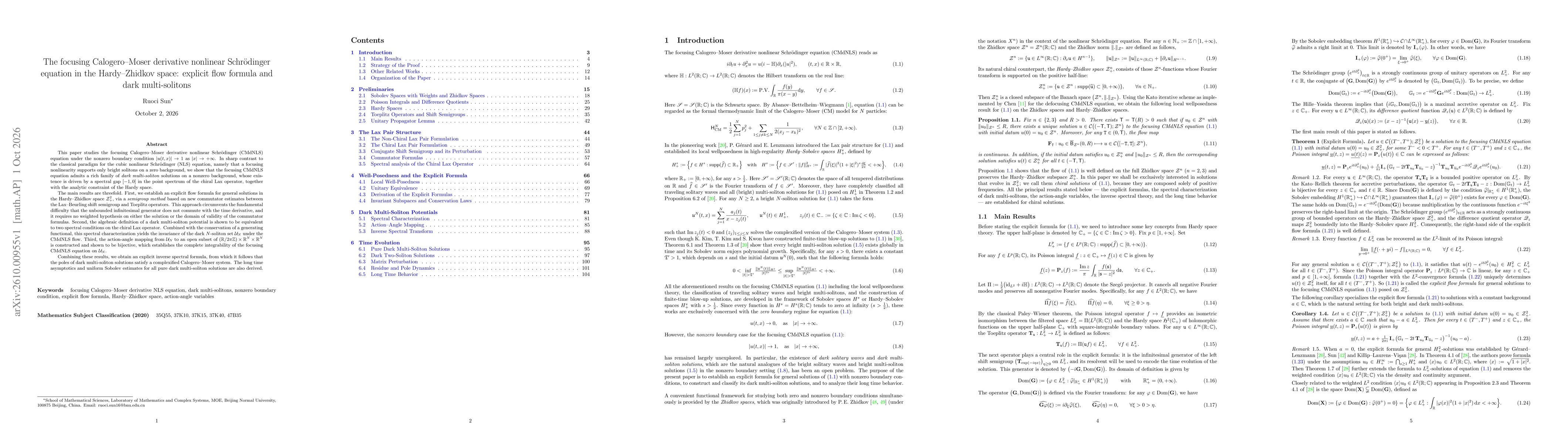 Thumbnail for The focusing Calogero--Moser derivative nonlinear Schrödinger equation in the Hardy--Zhidkov space: explicit flow formula and dark multi-solitons