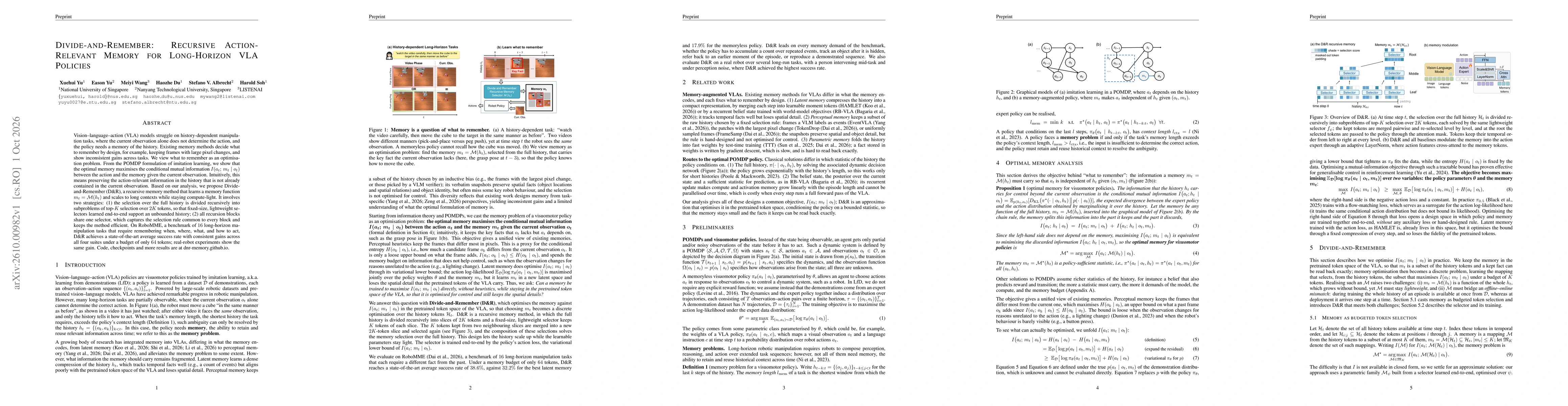 Thumbnail for Divide-and-Remember: Recursive Action-Relevant Memory for Long-Horizon VLA Policies