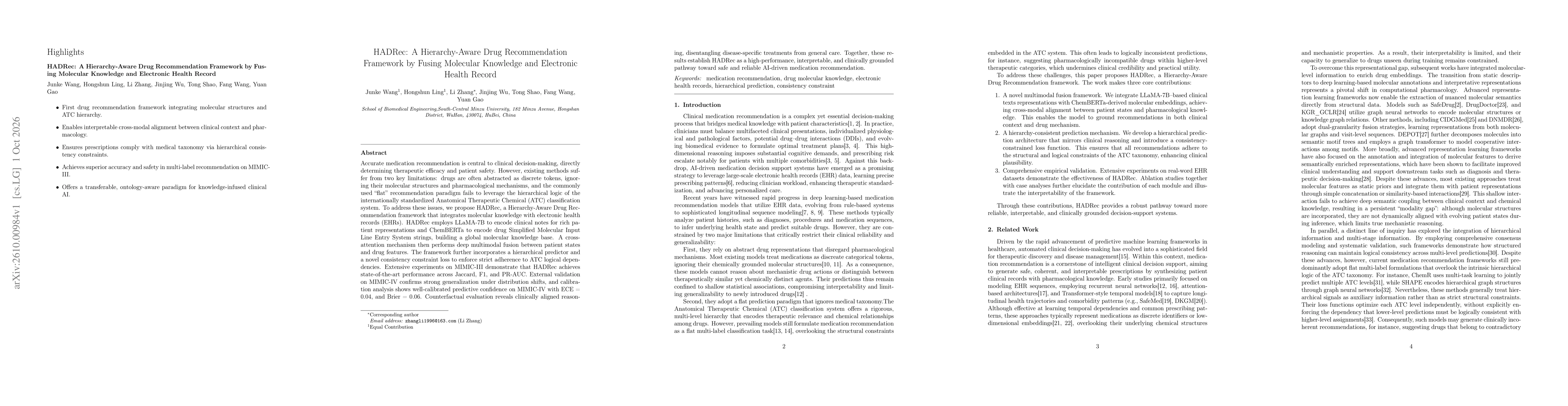 Thumbnail for HADRec: A Hierarchy-Aware Drug Recommendation Framework by Fusing Molecular Knowledge and Electronic Health Record
