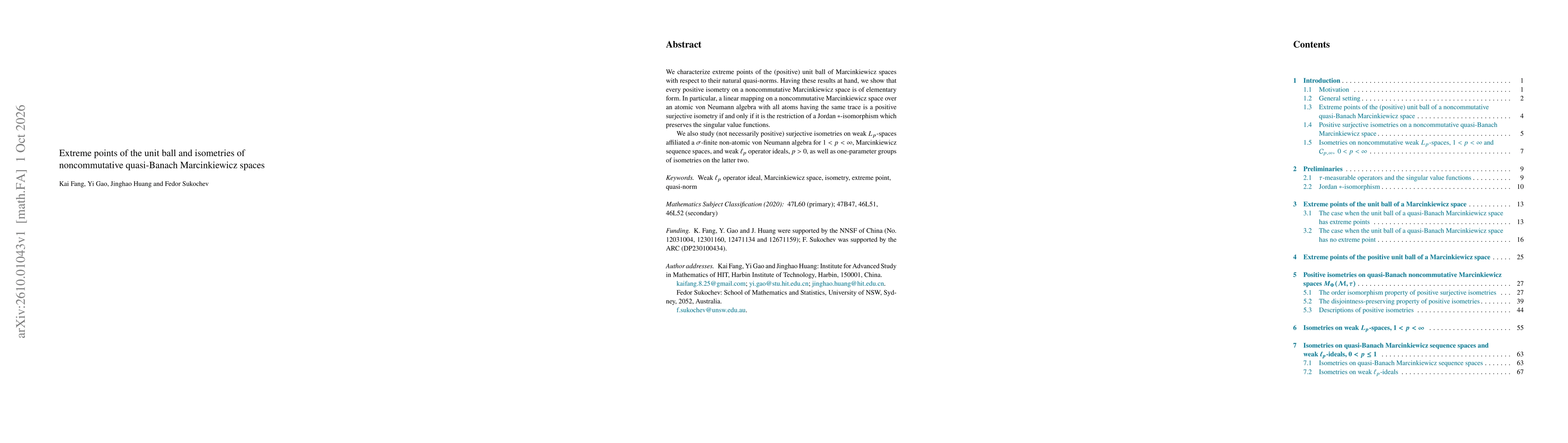 Thumbnail for Extreme points of the unit ball and isometries of noncommutative quasi-Banach Marcinkiewicz spaces