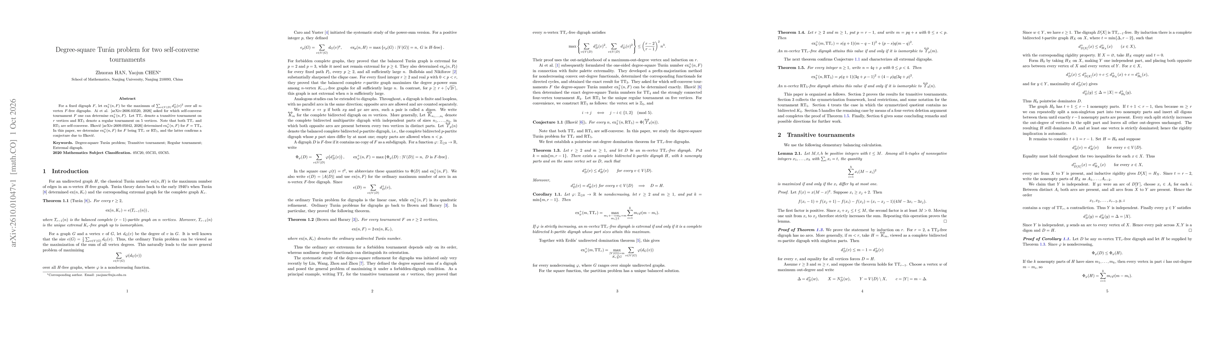 Thumbnail for Degree-square Turán problem for two self-converse tournaments