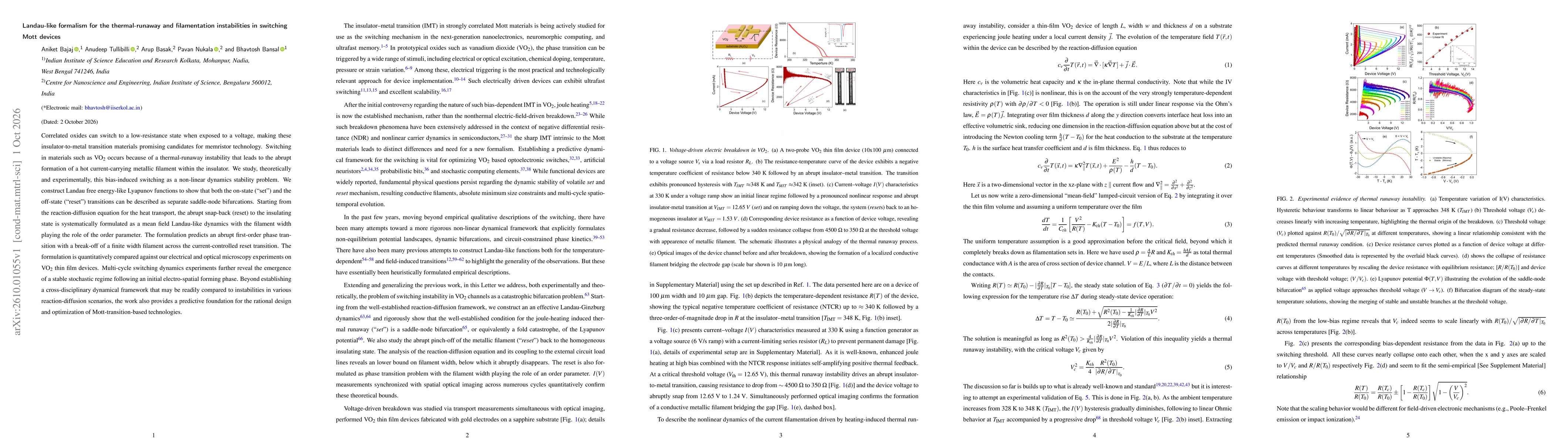 Thumbnail for Landau-like formalism for the thermal-runaway and filamentation instabilities in switching Mott devices