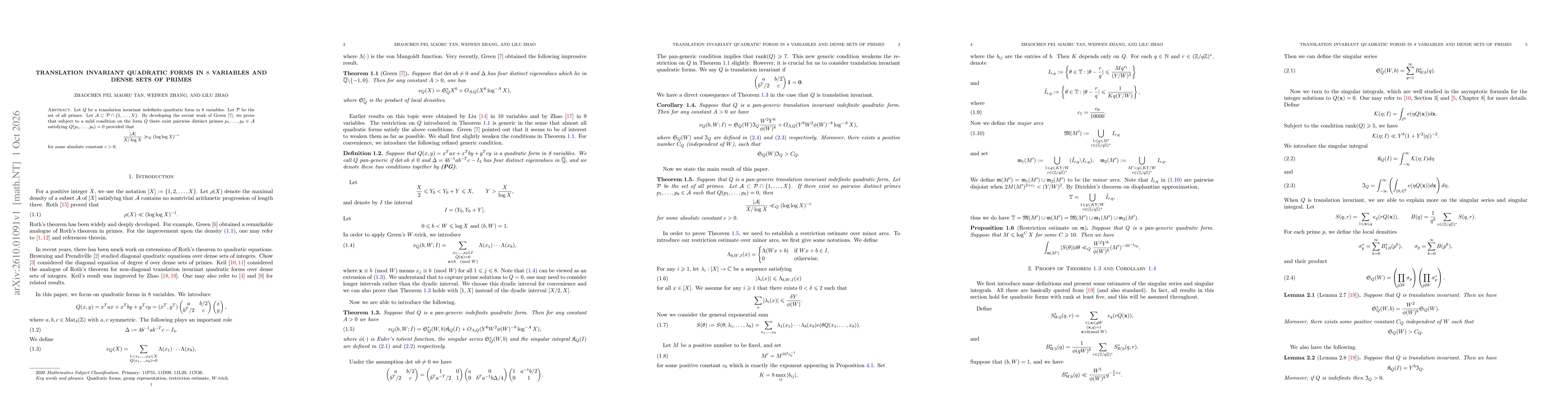 Thumbnail for Translation invariant quadratic forms in $8$ variables and dense sets of primes