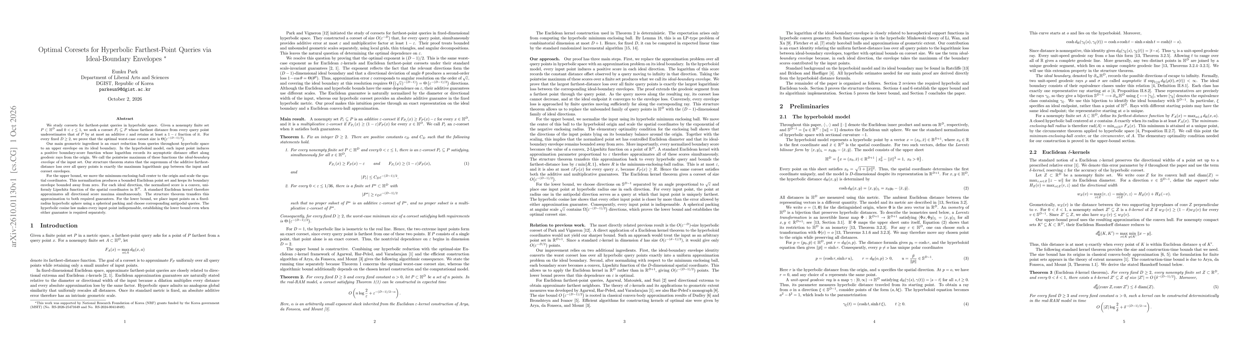 Thumbnail for Optimal Coresets for Hyperbolic Farthest-Point Queries via Ideal-Boundary Envelopes