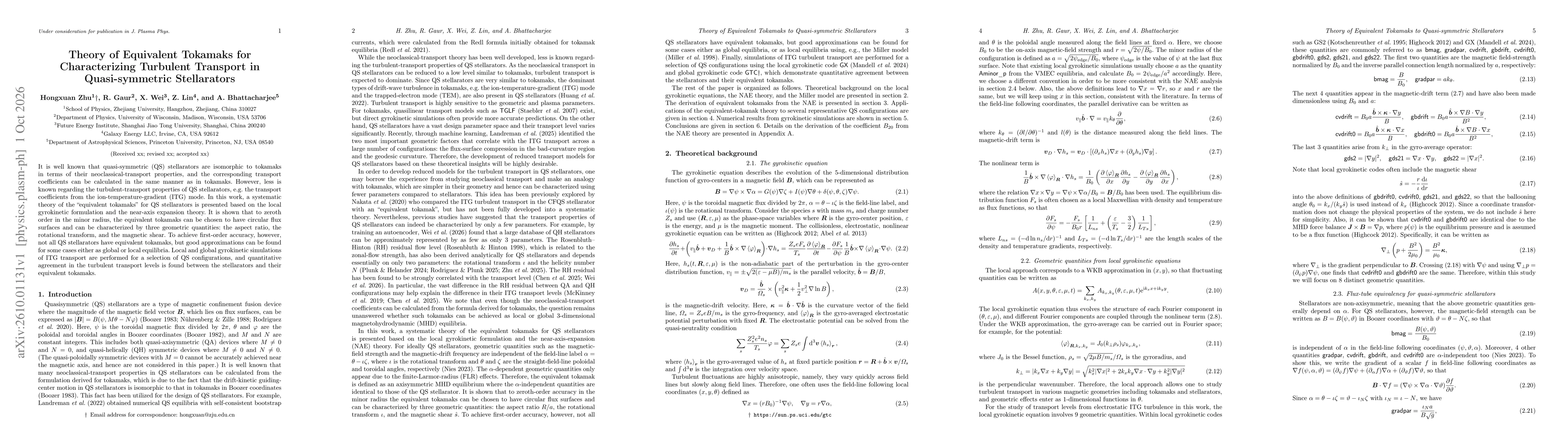 Thumbnail for Theory of Equivalent Tokamaks for Characterizing Turbulent Transport in Quasi-symmetric Stellarators