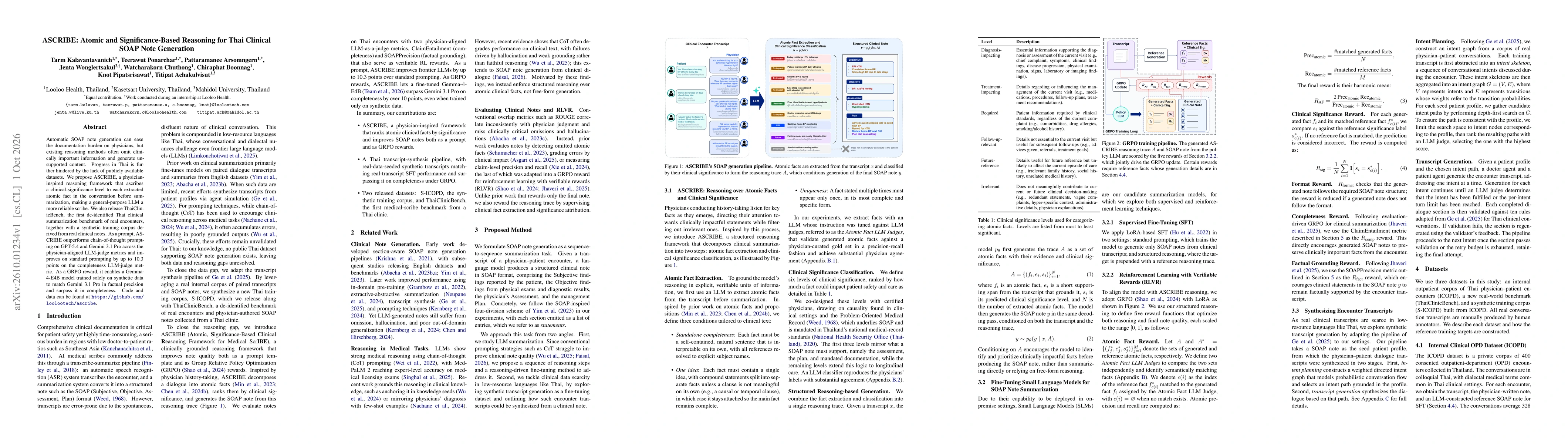 Thumbnail for ASCRIBE: Atomic and Significance-Based Reasoning for Thai Clinical SOAP Note Generation