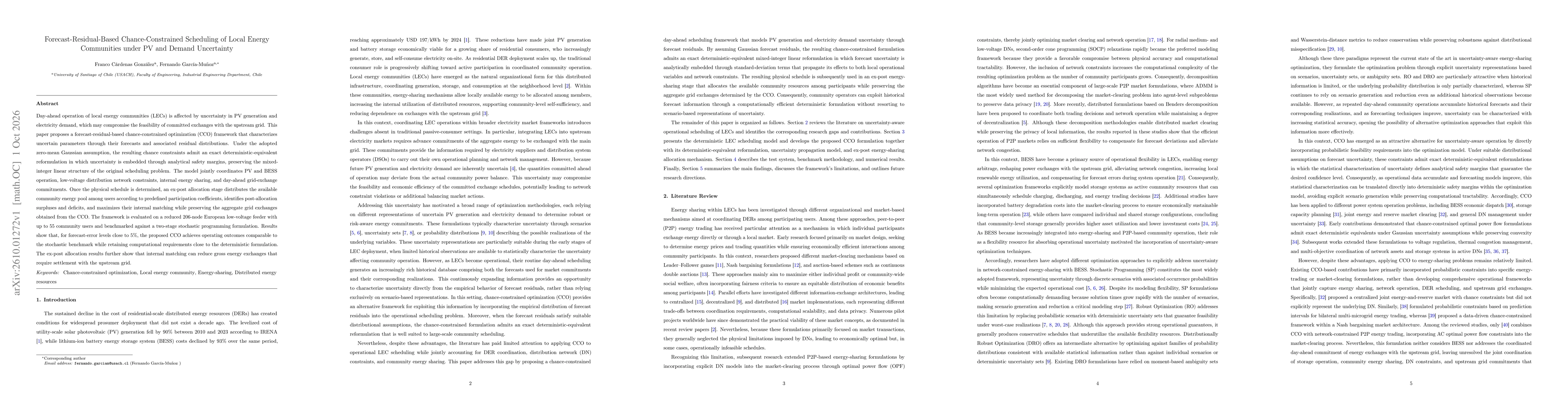 Thumbnail for Forecast-Residual-Based Chance-Constrained Scheduling of Local Energy Communities under PV and Demand Uncertainty