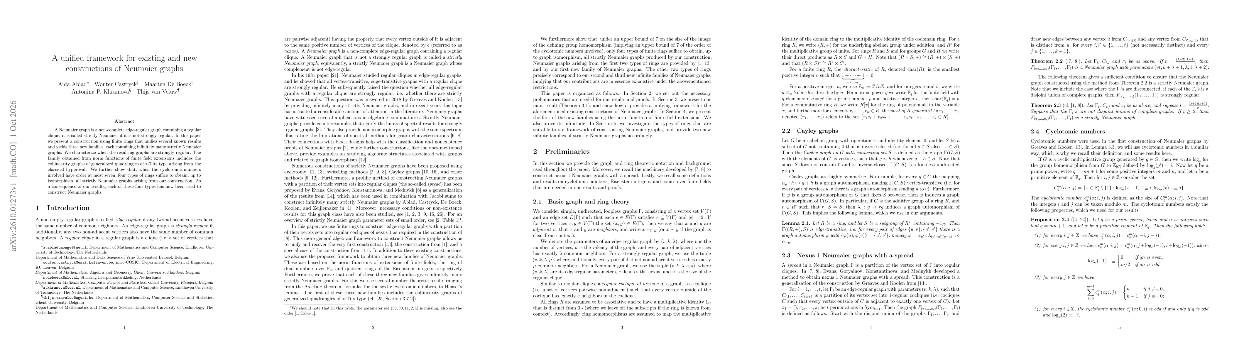 Thumbnail for A unified framework for existing and new constructions of Neumaier graphs
