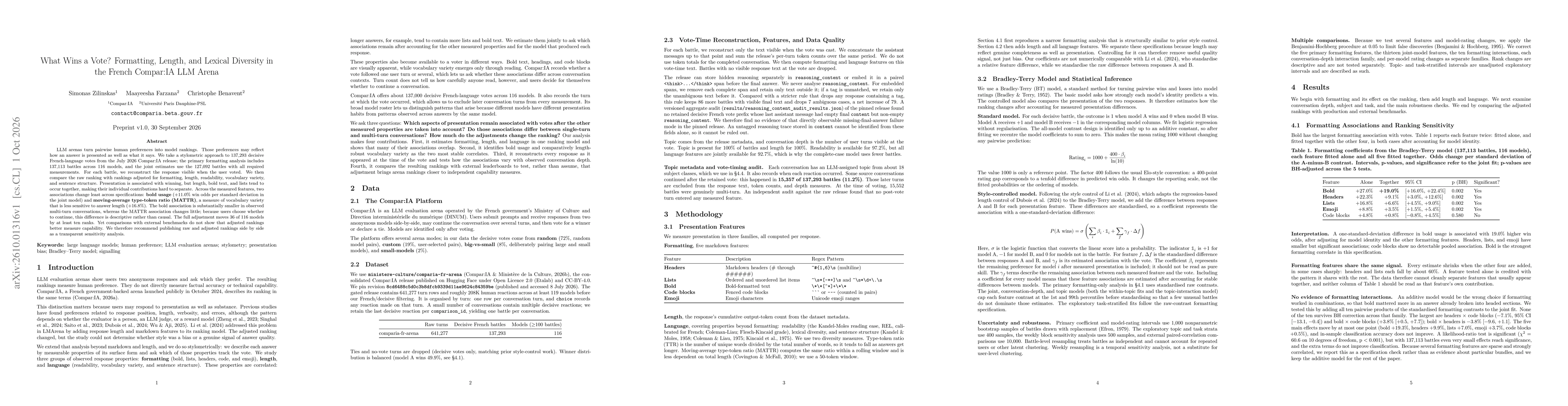 Thumbnail for What Wins a Vote? Formatting, Length, and Lexical Diversity in the French Compar:IA LLM Arena