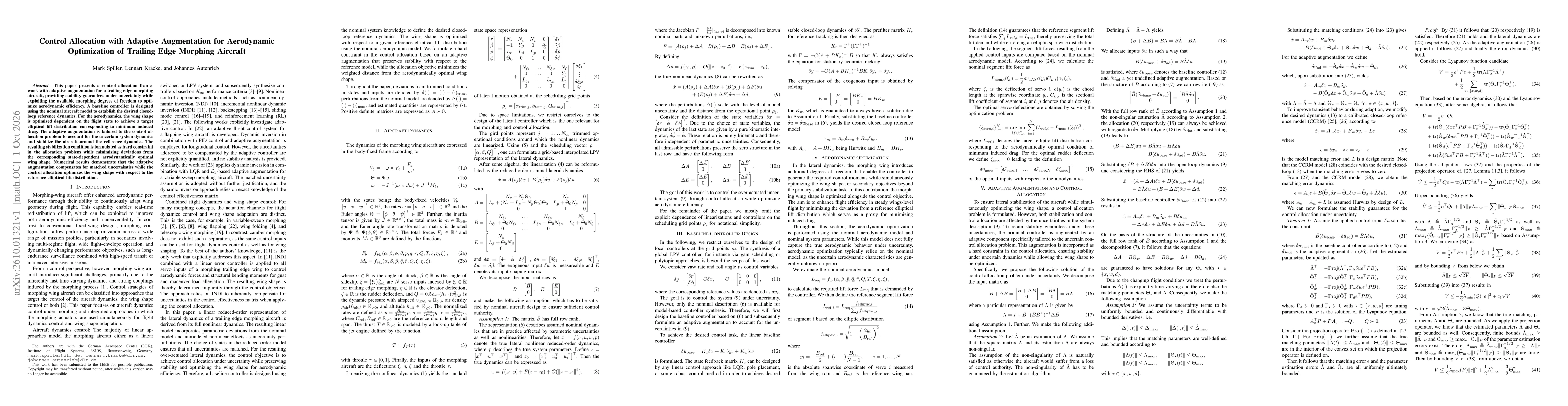 Thumbnail for Control Allocation with Adaptive Augmentation for Aerodynamic Optimization of Trailing Edge Morphing Aircraft
