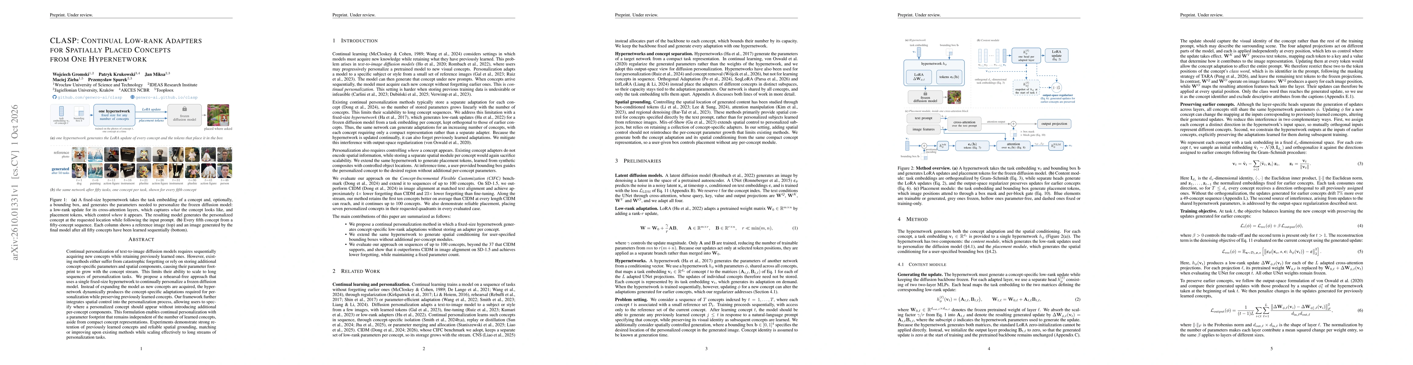 Thumbnail for CLASP: Continual Low-rank Adapters for Spatially Placed Concepts from One Hypernetwork