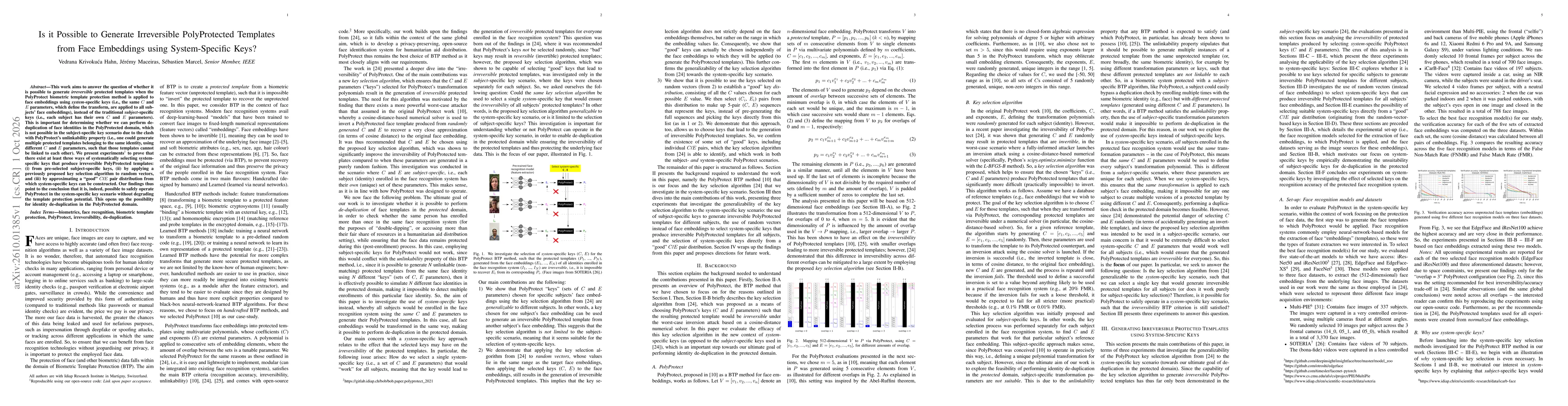 Thumbnail for Is it Possible to Generate Irreversible PolyProtected Templates from Face Embeddings using System-Specific Keys?
