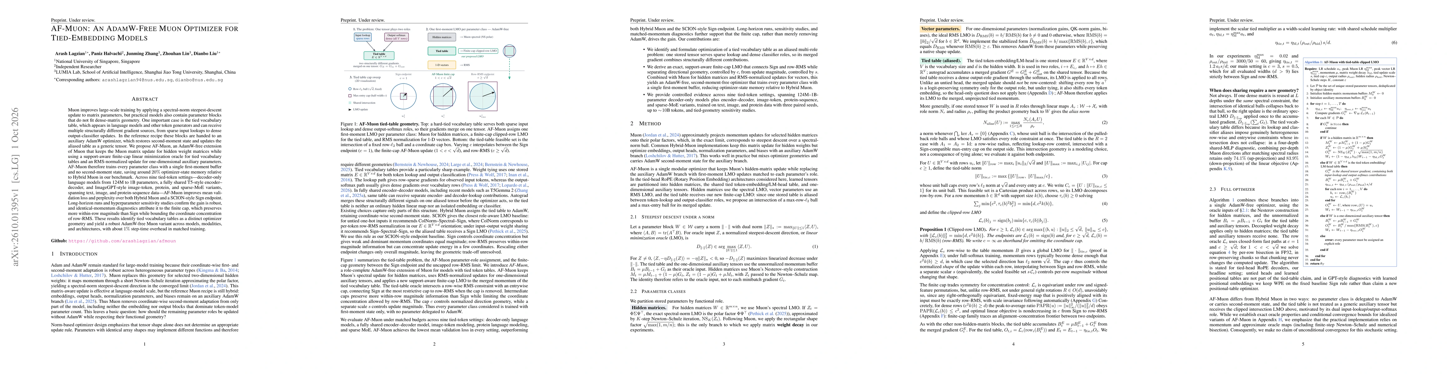 Thumbnail for AF-Muon: An AdamW-Free Muon Optimizer for Tied-Embedding Models