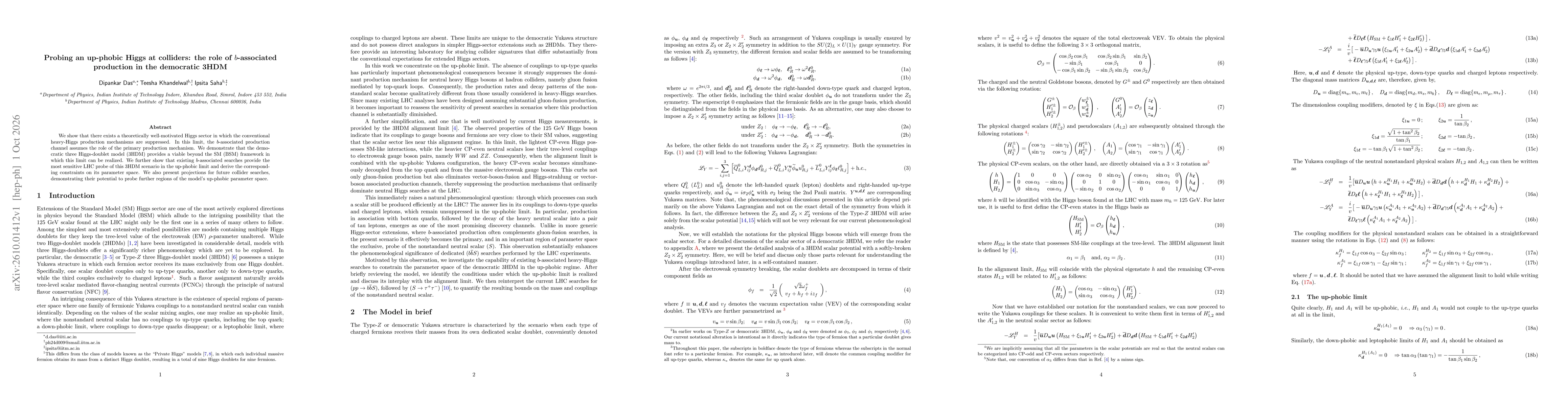 Thumbnail for Probing an up-phobic Higgs at colliders: the role of $b$-associated production in the democratic 3HDM