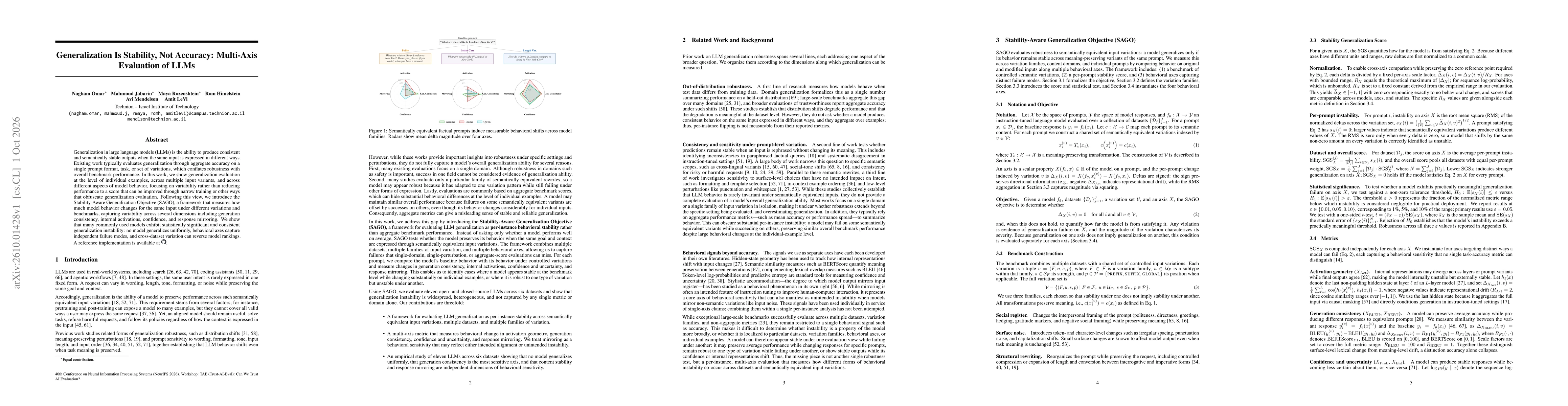 Thumbnail for Generalization Is Stability, Not Accuracy: Multi-Axis Evaluation of LLMs