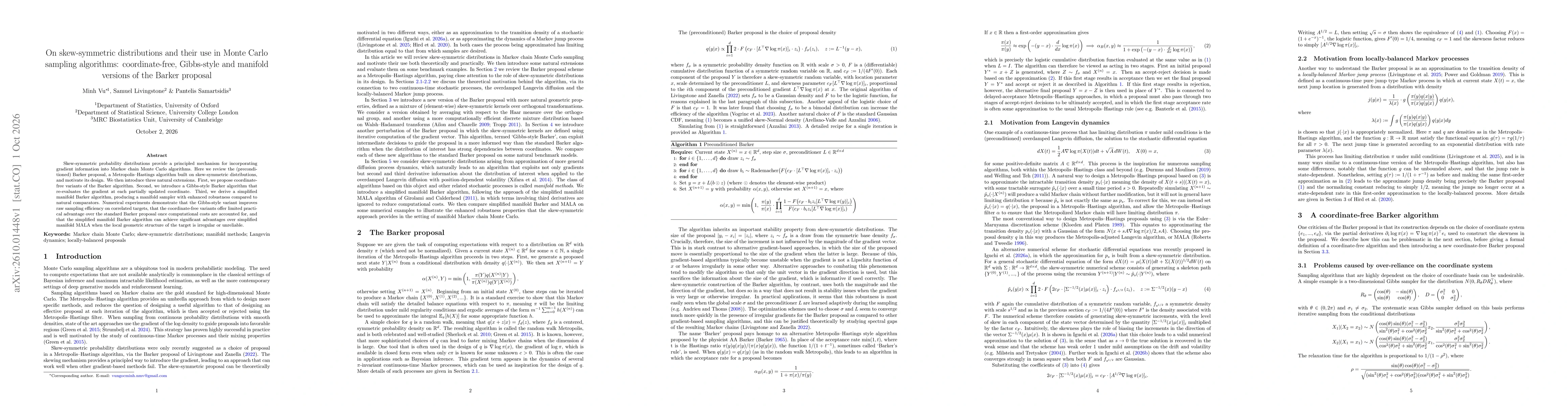 Thumbnail for On skew-symmetric distributions and their use in Monte Carlo sampling algorithms: coordinate-free, Gibbs-style and manifold versions of the Barker proposal