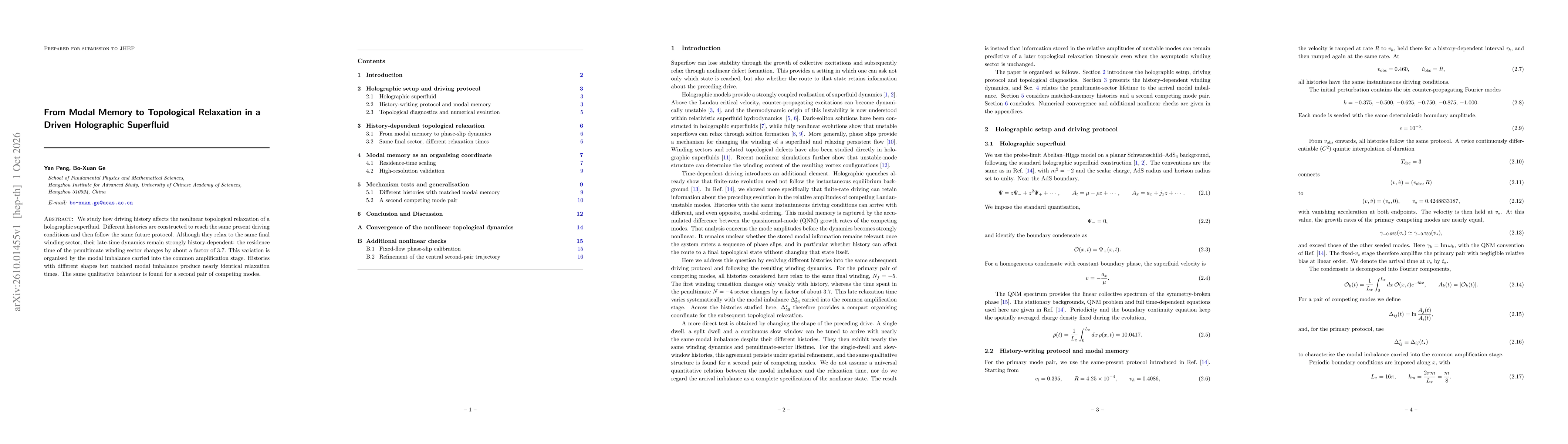 Thumbnail for From Modal Memory to Topological Relaxation in a Driven Holographic Superfluid