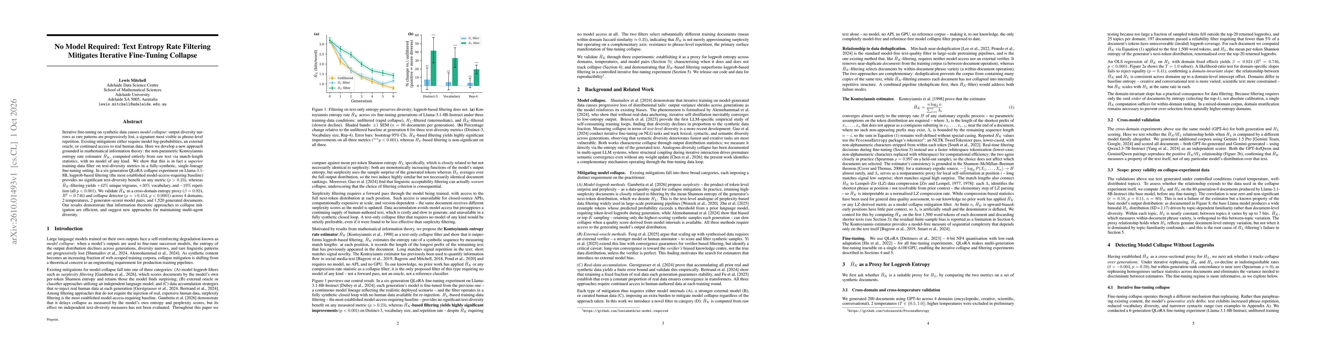 Thumbnail for No Model Required: Text Entropy Rate Filtering Mitigates Iterative Fine-Tuning Collapse