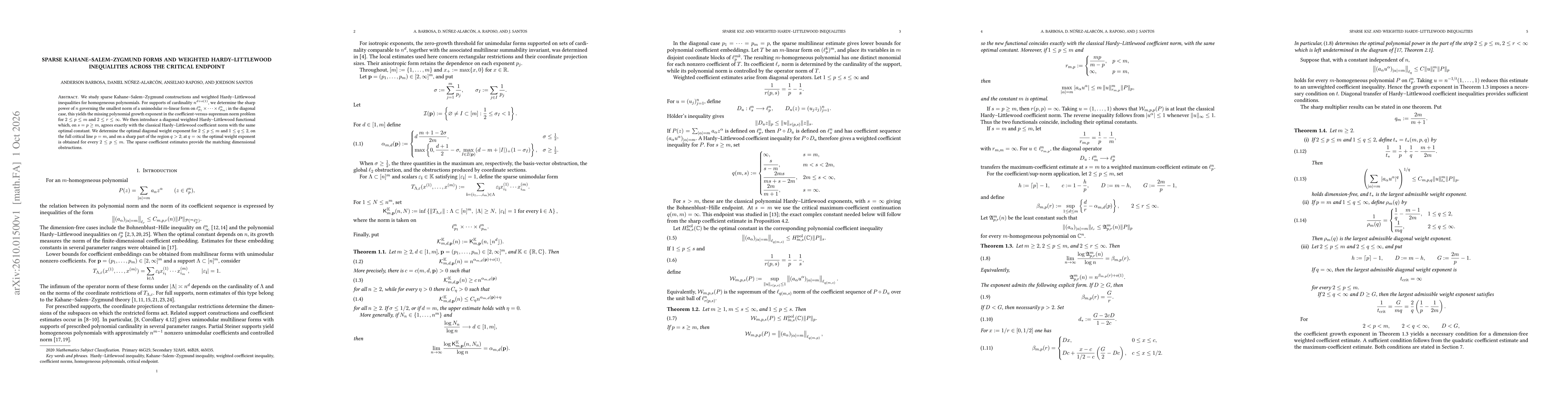 Thumbnail for Sparse Kahane--Salem--Zygmund Forms and Weighted Hardy--Littlewood Inequalities Across the Critical Endpoint