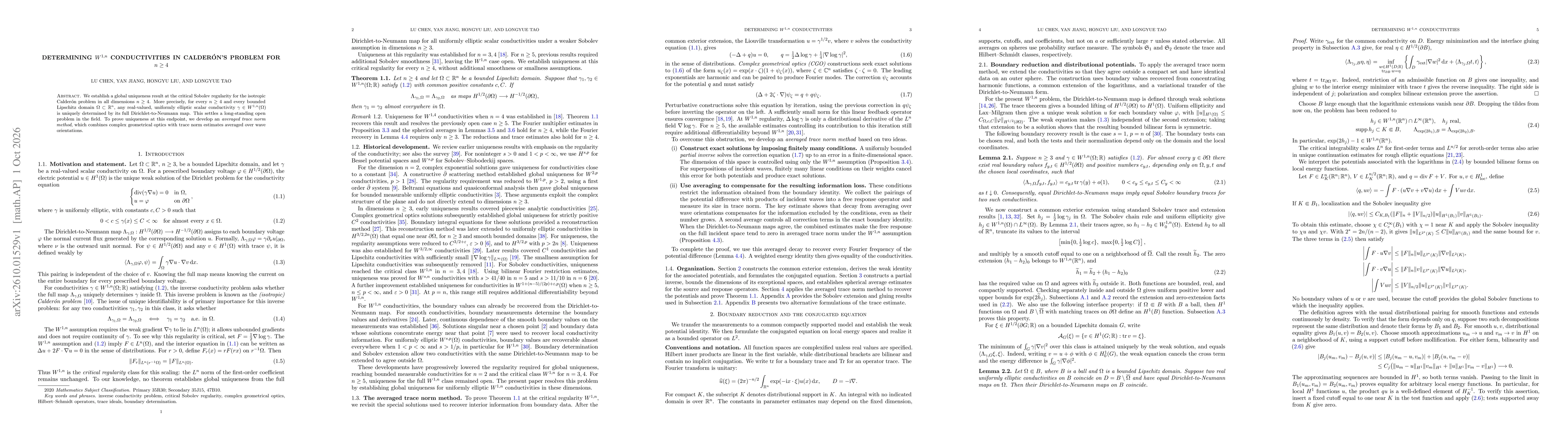 Thumbnail for Determining $W^{1,n}$ conductivities in Calderón's problem for $n\geq4$