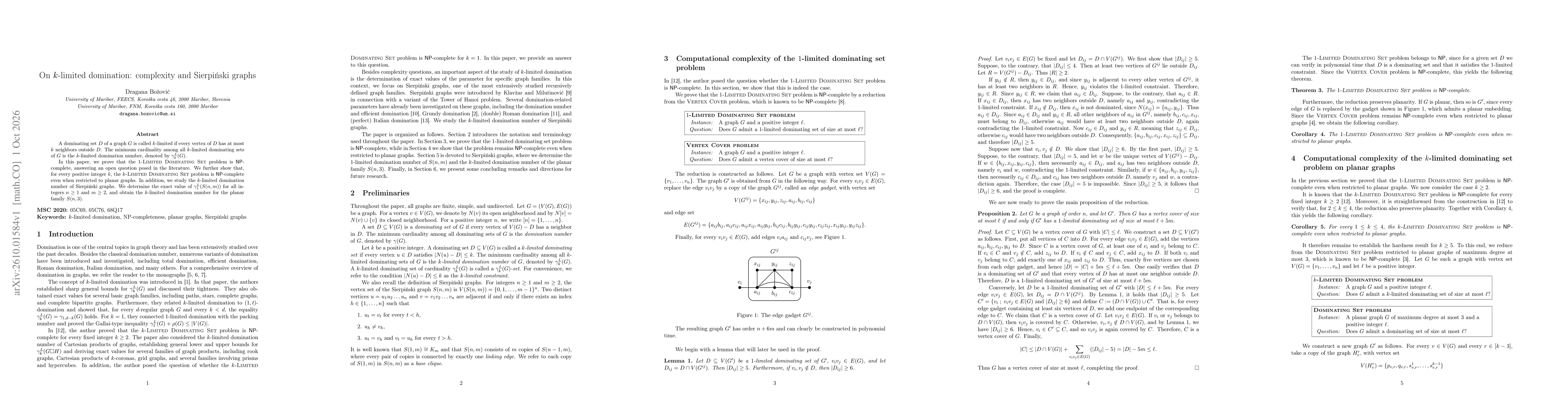 Thumbnail for On $k$-limited domination: complexity and Sierpiński graphs