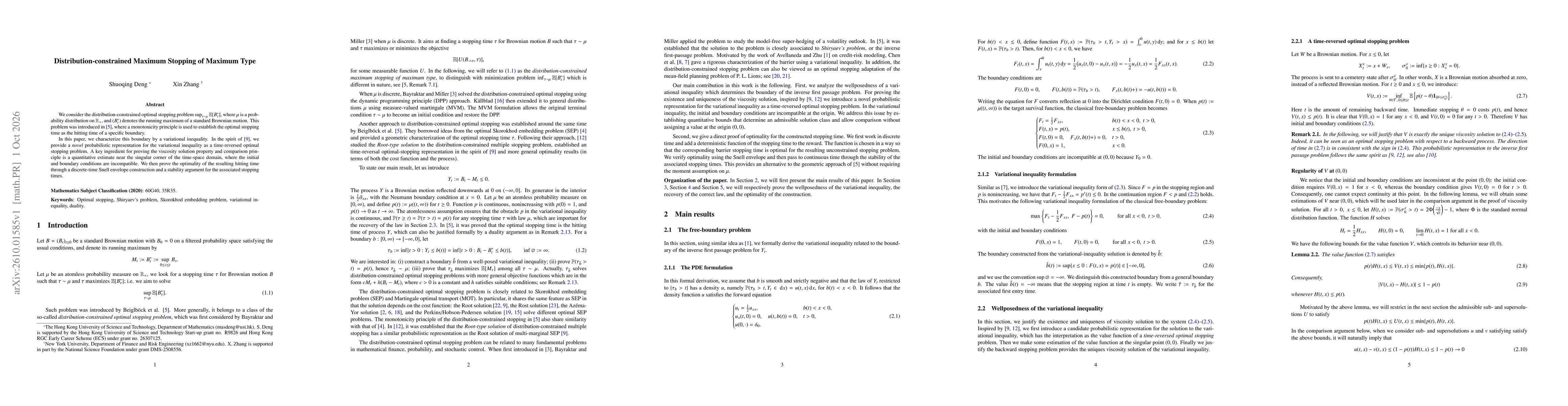 Thumbnail for Distribution-constrained maximum stopping of maximum type