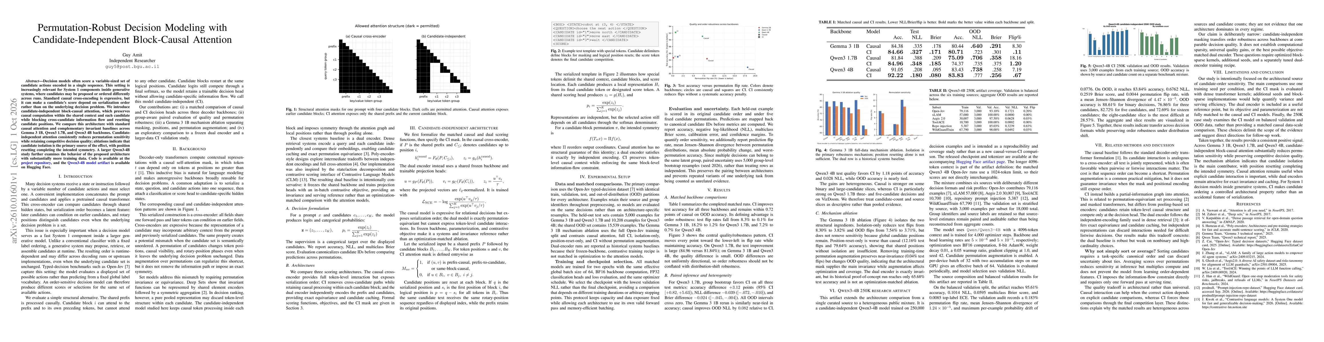 Thumbnail for Permutation-Robust Decision Modeling with Candidate-Independent Block-Causal Attention
