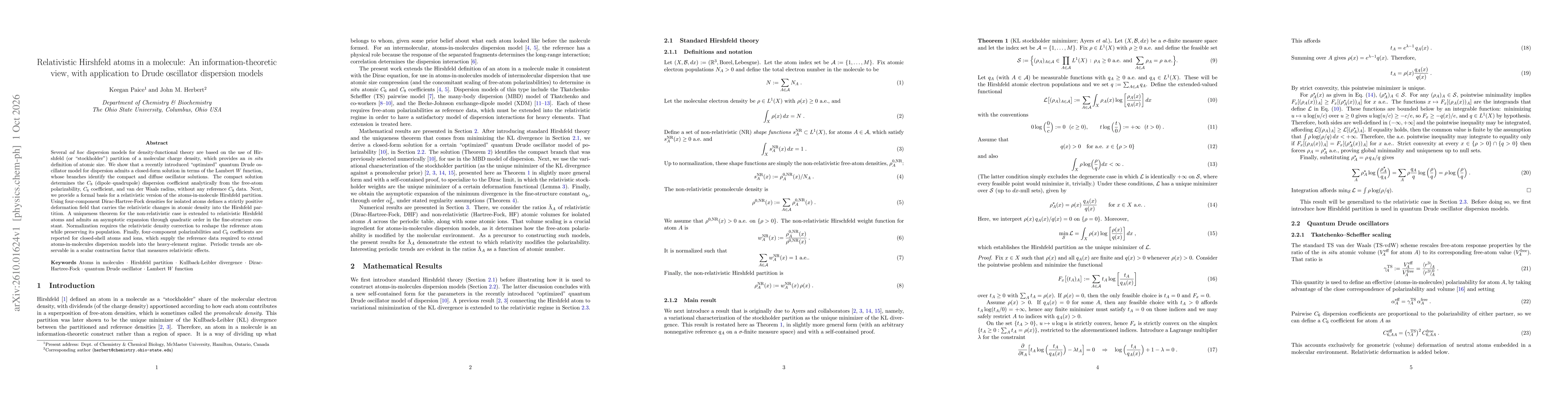 Thumbnail for Relativistic Hirshfeld atoms in a molecule: An information-theoretic view, with application to Drude oscillator dispersion models