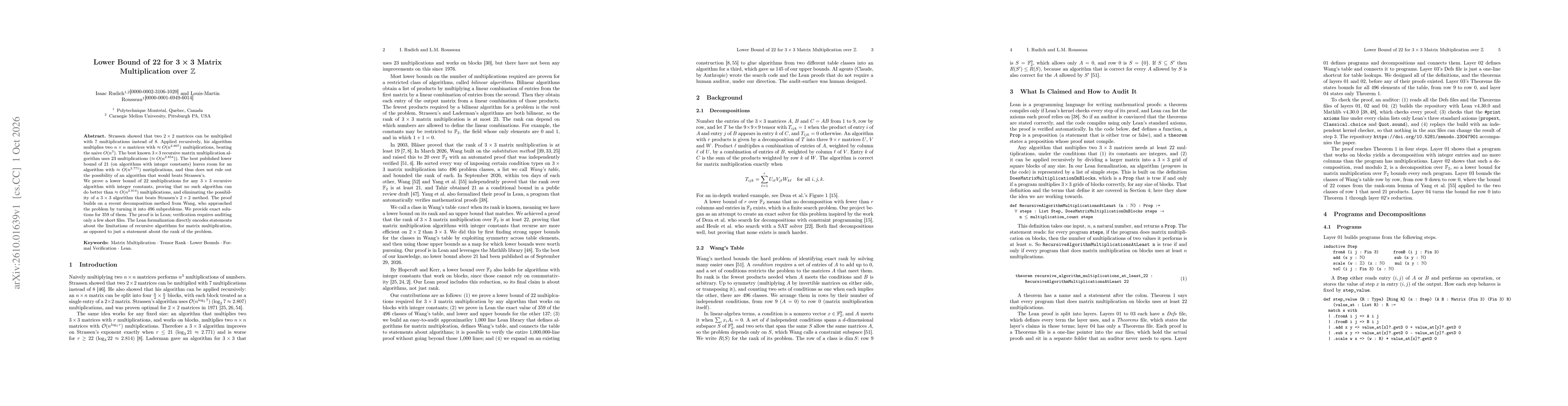 Thumbnail for Lower Bound of 22 for 3x3 Matrix Multiplication over the Integers