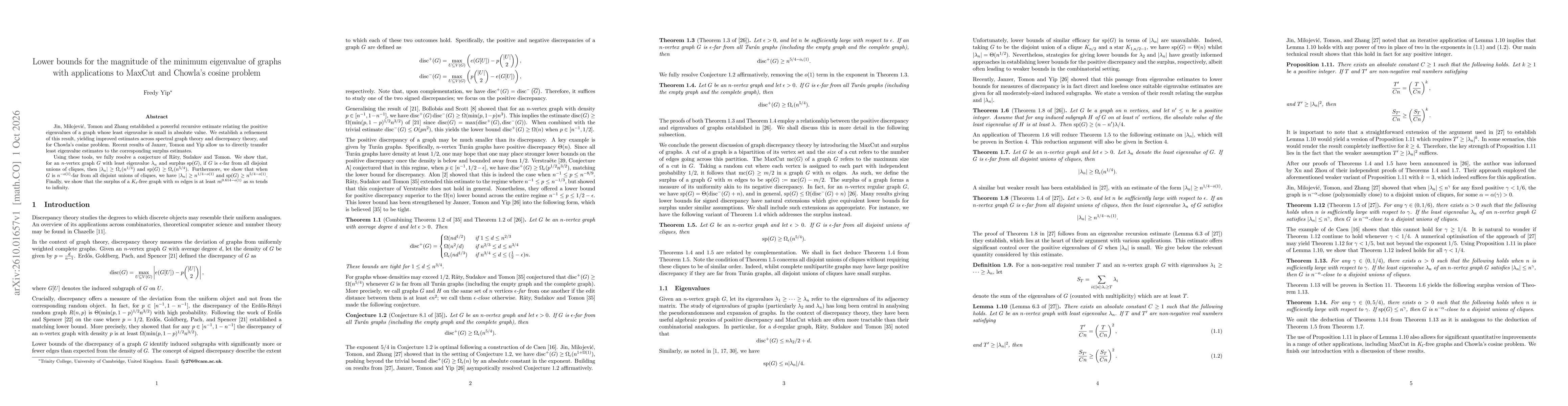Thumbnail for Lower bounds for the magnitude of the minimum eigenvalue of graphs with applications to MaxCut and Chowla's cosine problem