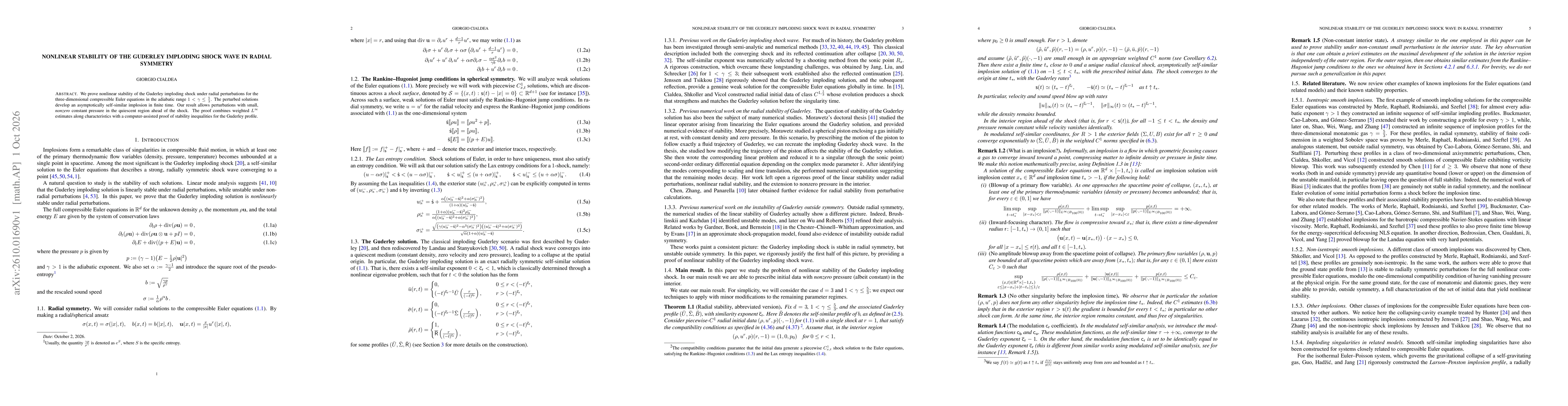 Thumbnail for Nonlinear stability of the Guderley imploding shock wave in radial symmetry