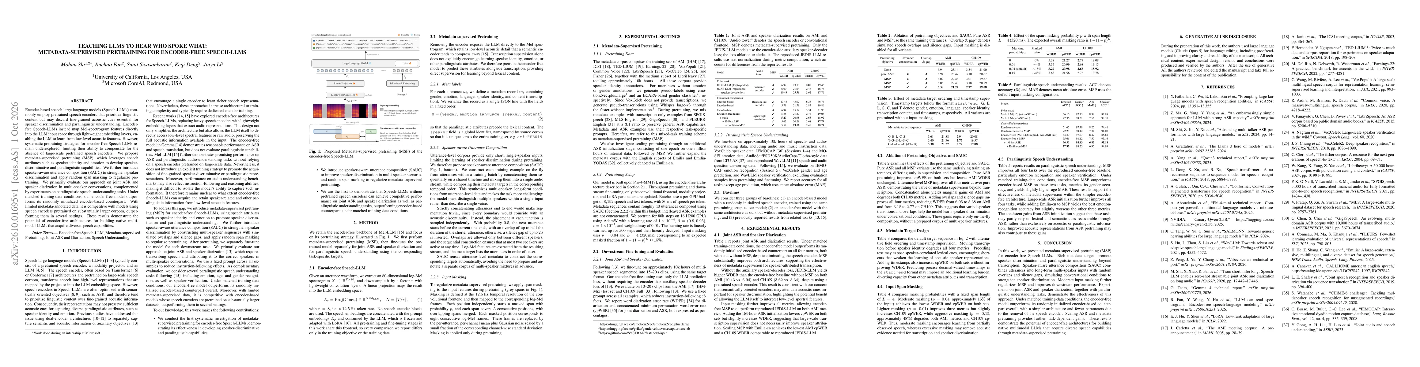 Thumbnail for Teaching LLMs to Hear Who Spoke What: Metadata-Supervised Pretraining for Encoder-Free Speech-LLMs