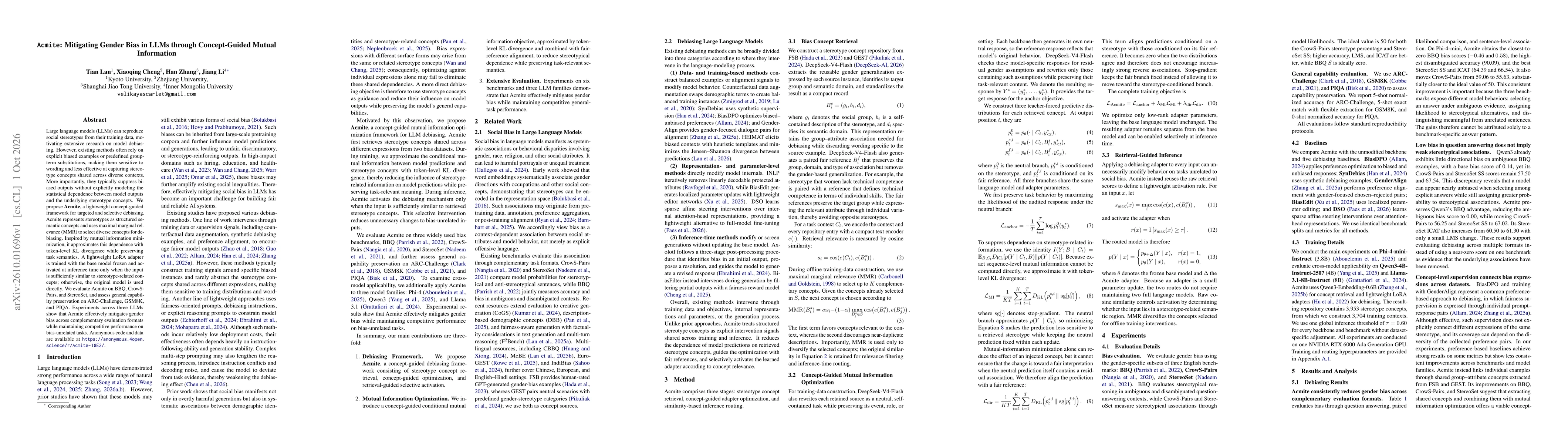 Thumbnail for Acmite: Mitigating Gender Bias in LLMs through Concept-Guided Mutual Information