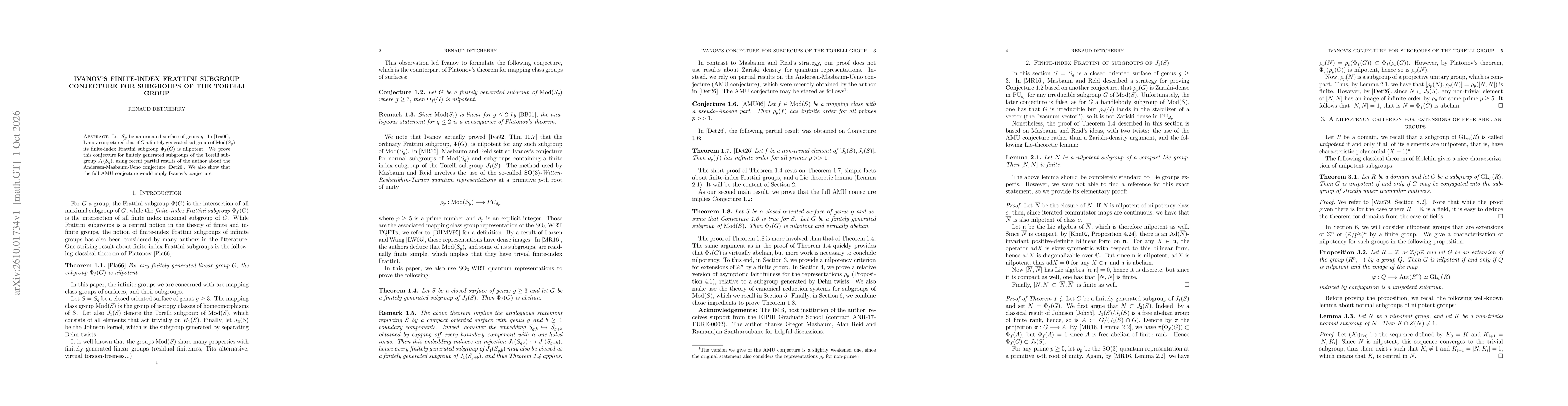 Thumbnail for Ivanov's finite-index Frattini subgroup conjecture for subgroups of the Torelli group