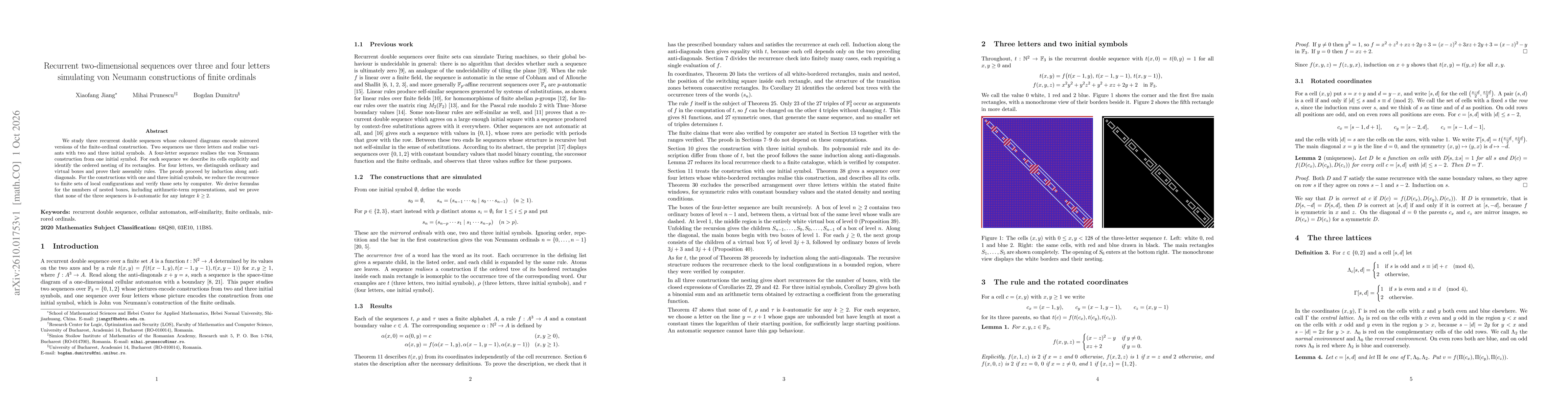 Thumbnail for Recurrent two-dimensional sequences over three and four letters simulating von Neumann constructions of finite ordinals